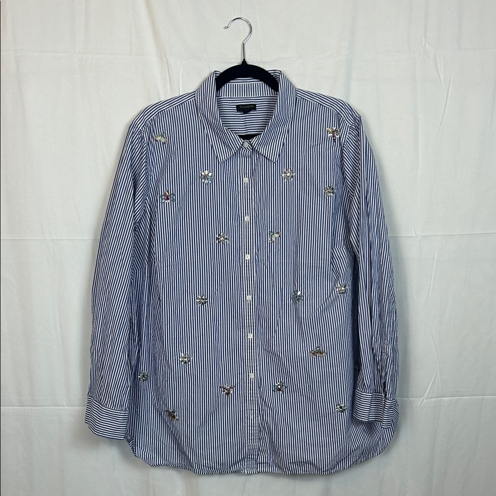 Talbots Navy & White Striped Blouse with Embellishments
